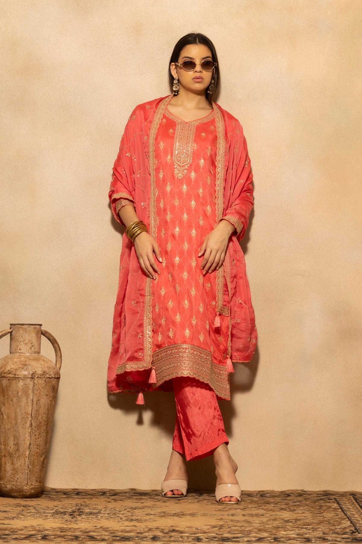 Pink Embroidered Kurta 3 Pcs Set