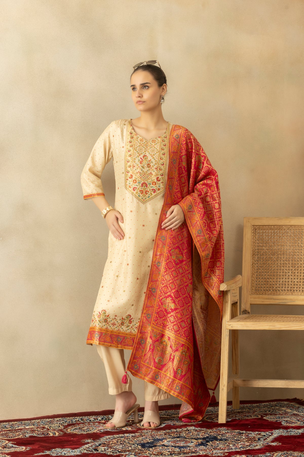 Beige Embellished Kurta 3 Pcs Set