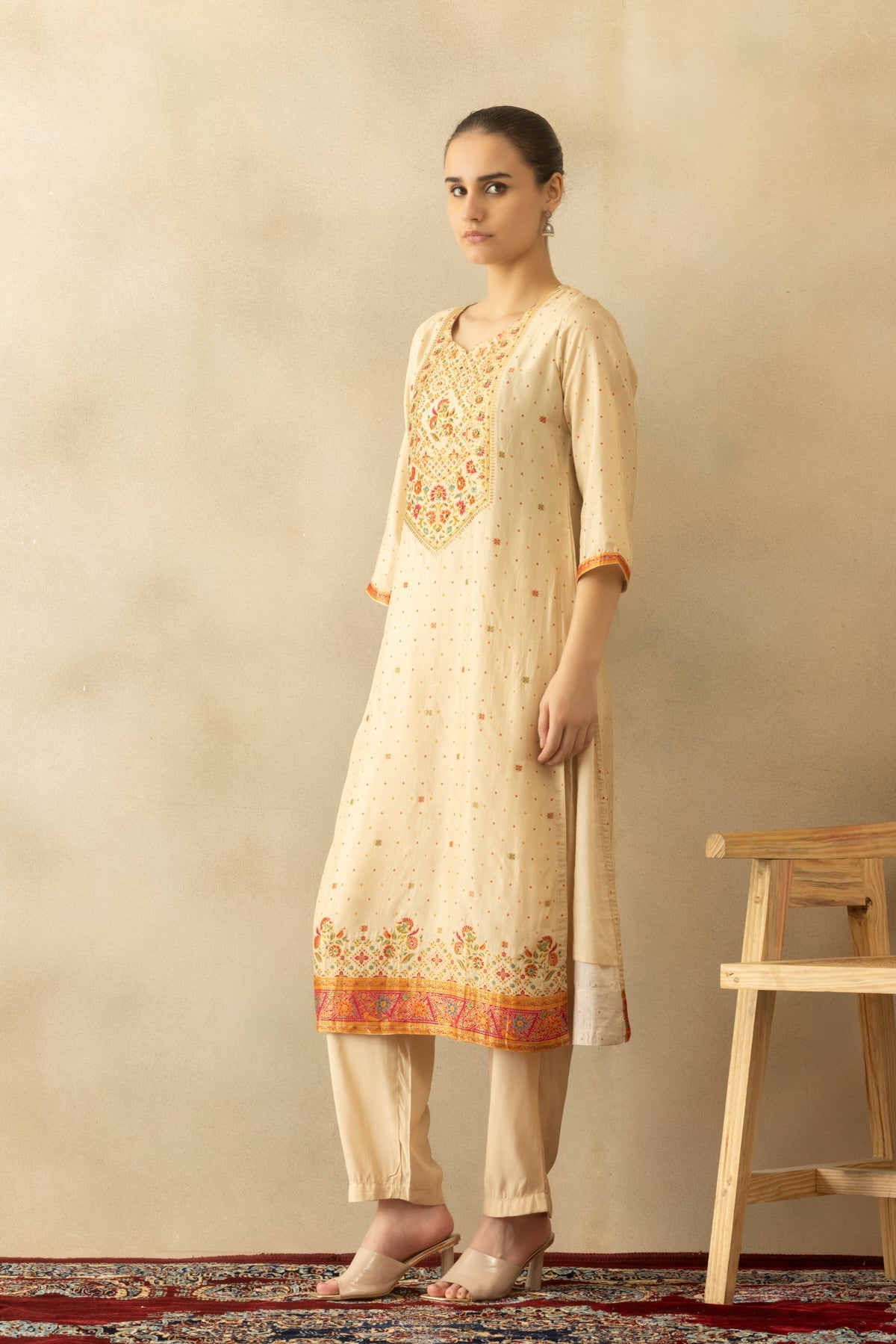 Beige Embellished Kurta 3 Pcs Set