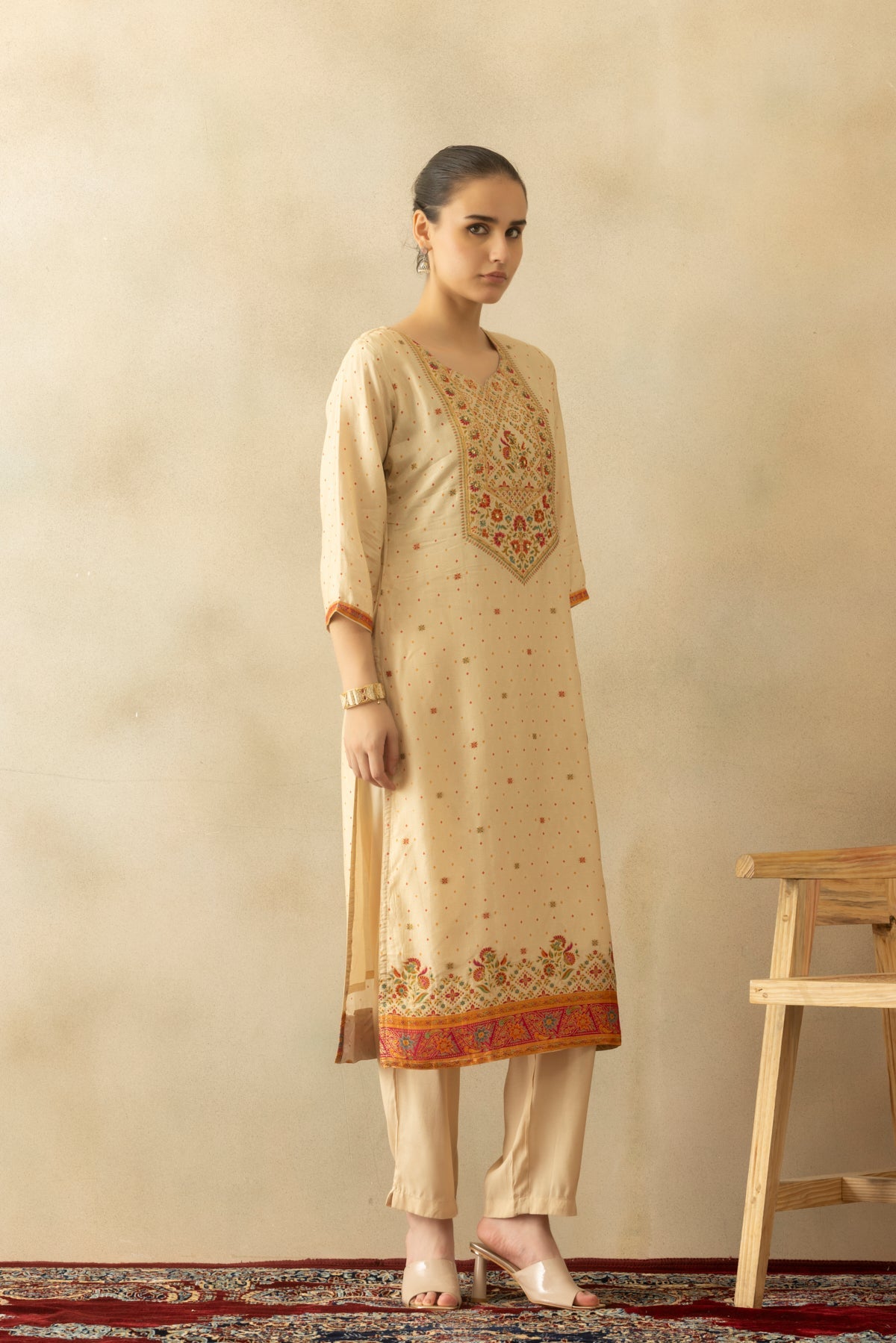 Beige Embellished Kurta 3 Pcs Set