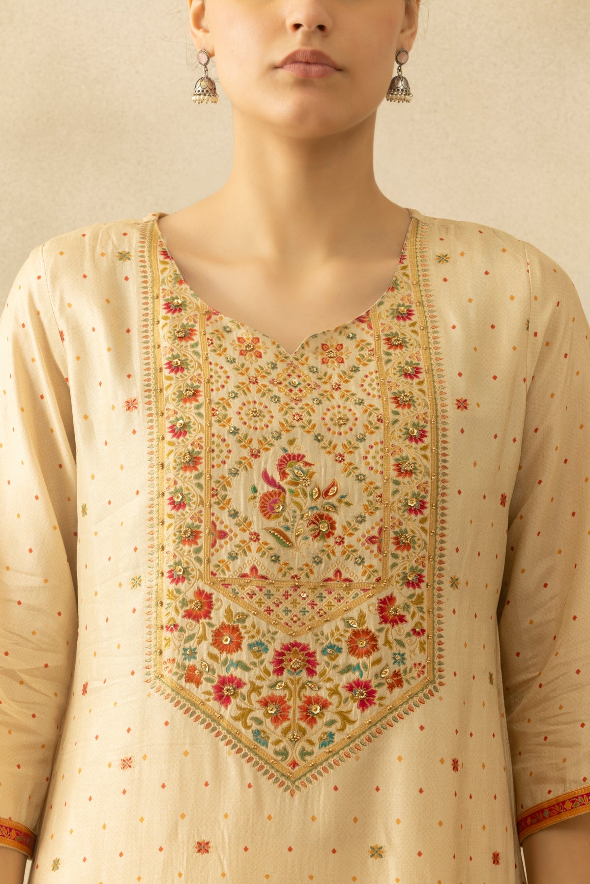 Beige Embellished Kurta 3 Pcs Set