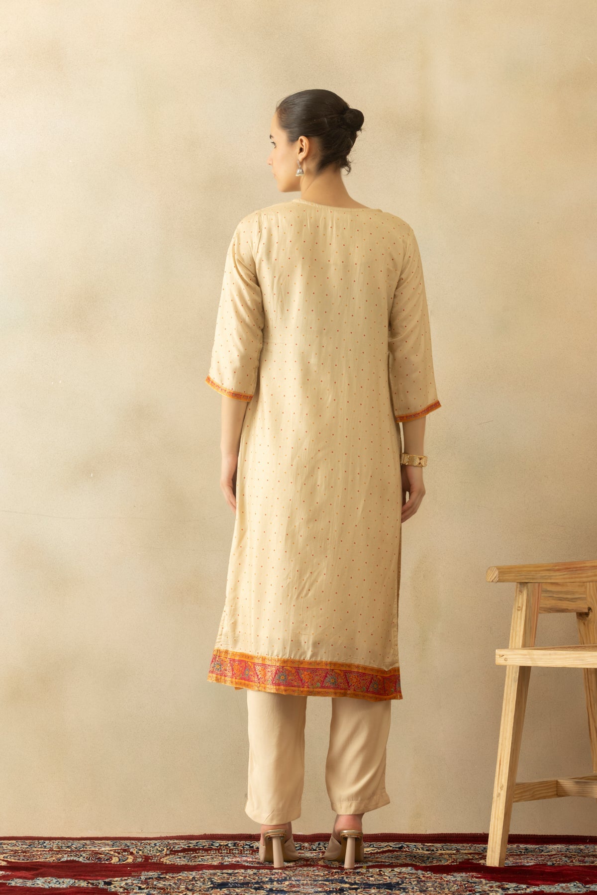 Beige Embellished Kurta 3 Pcs Set