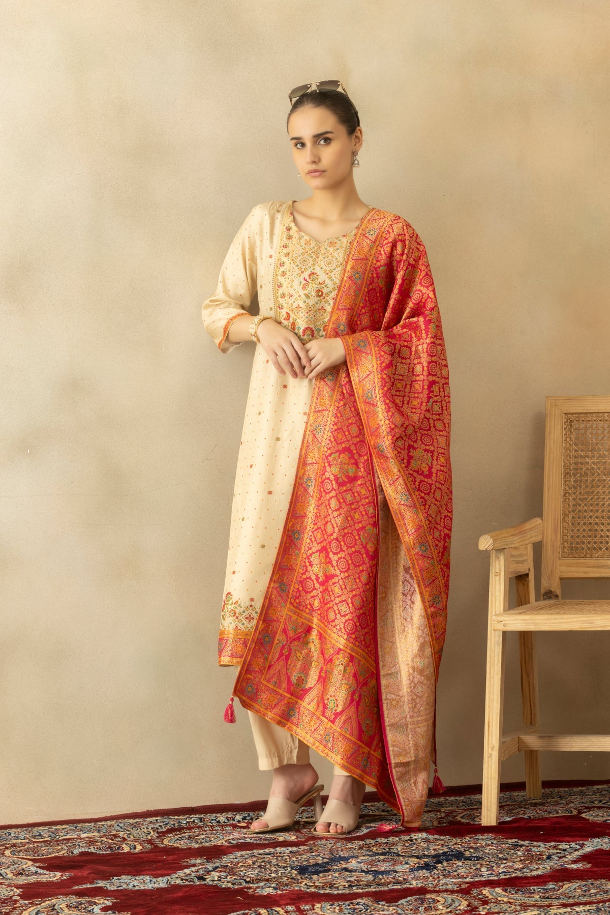 Beige Embellished Kurta 3 Pcs Set