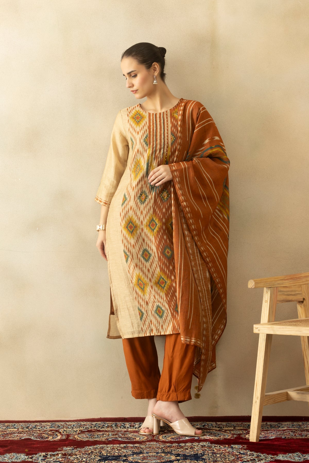 Rust Printed Kurta 3 Pcs Set