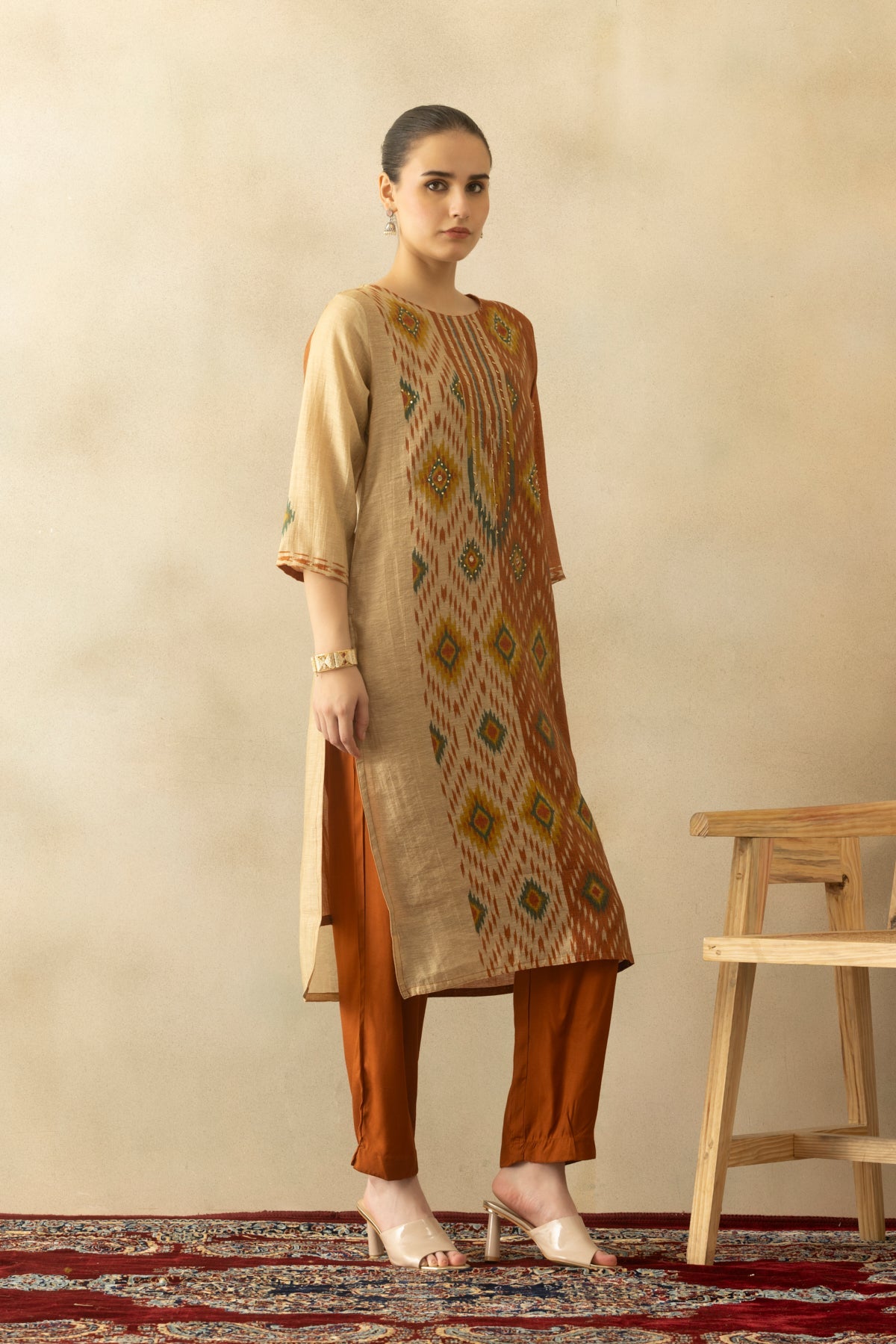 Rust Printed Kurta 3 Pcs Set