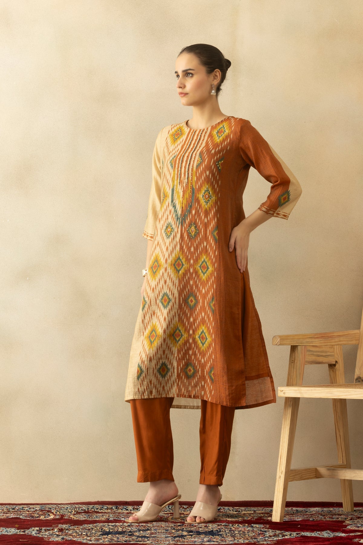 Rust Printed Kurta 3 Pcs Set