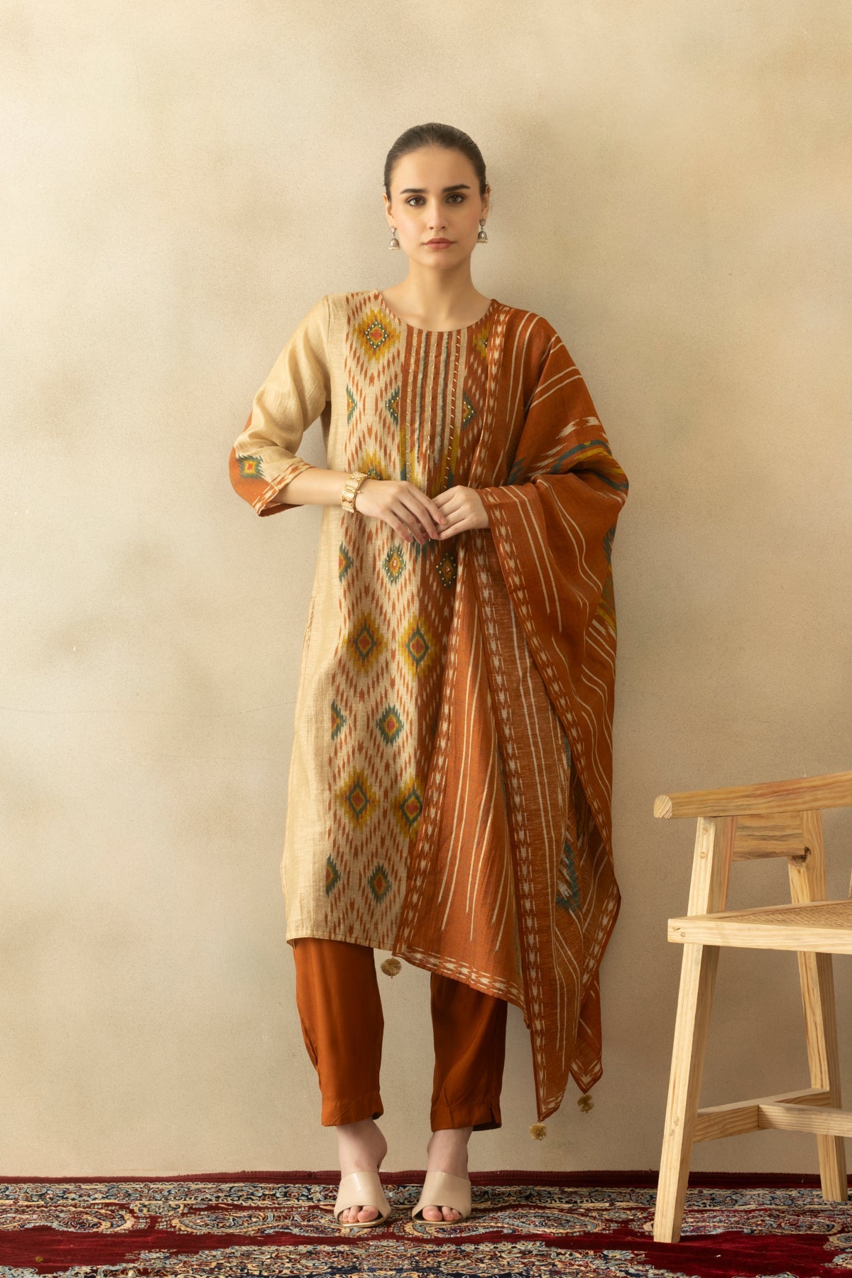 Rust Printed Kurta 3 Pcs Set