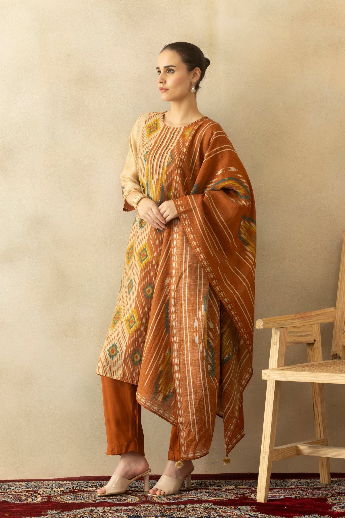 Rust Printed Kurta 3 Pcs Set