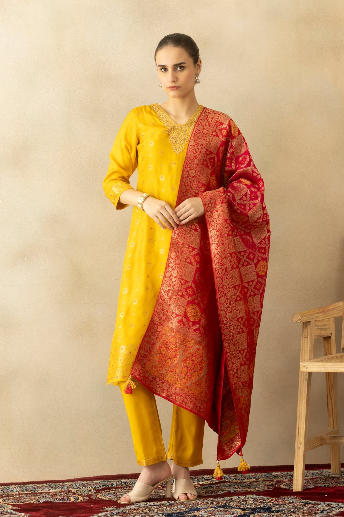 Yellow Embroidered Kurta 3 Pcs Set