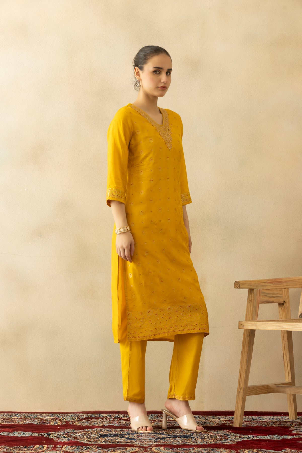 Yellow Embroidered Kurta 3 Pcs Set