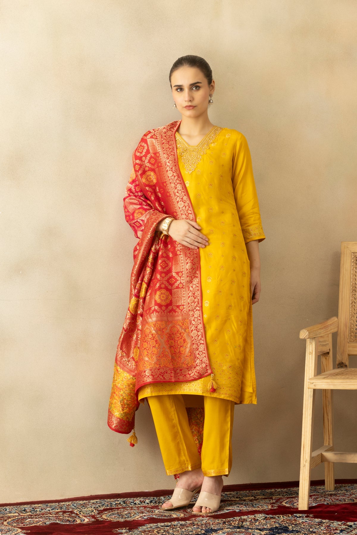Yellow Embroidered Kurta 3 Pcs Set