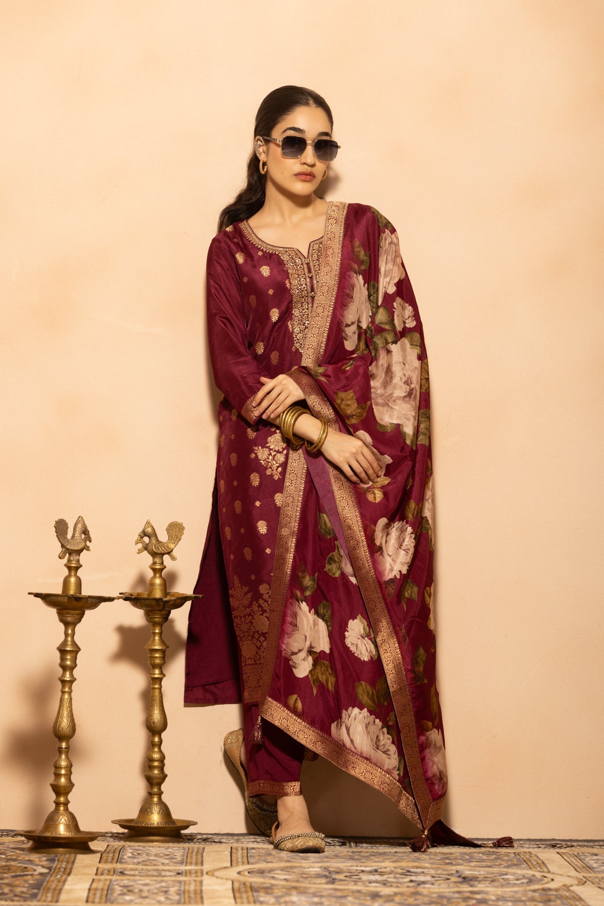 Wine Embellished Kurta 3 Pcs Set