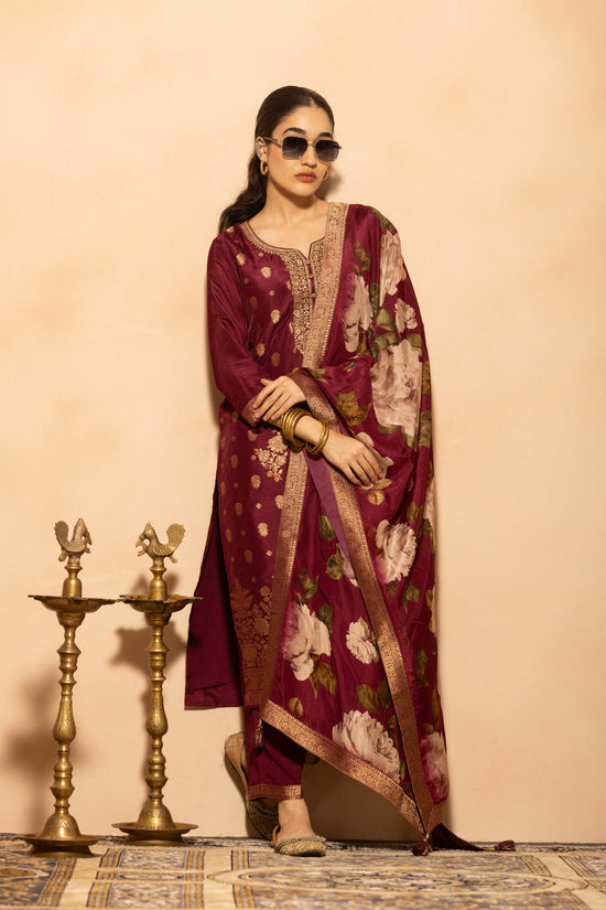 Wine Embellished Kurta 3 Pcs Set