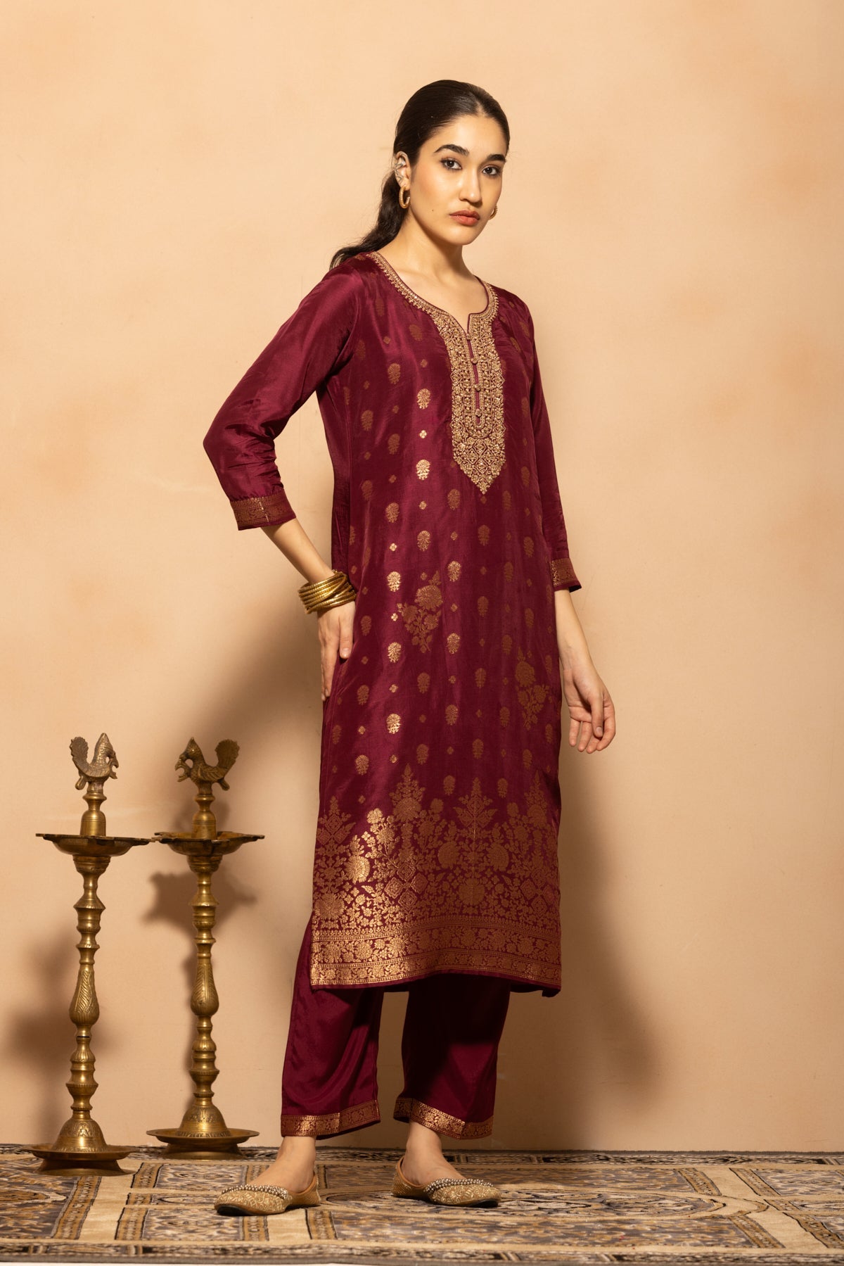 Wine Embellished Kurta 3 Pcs Set