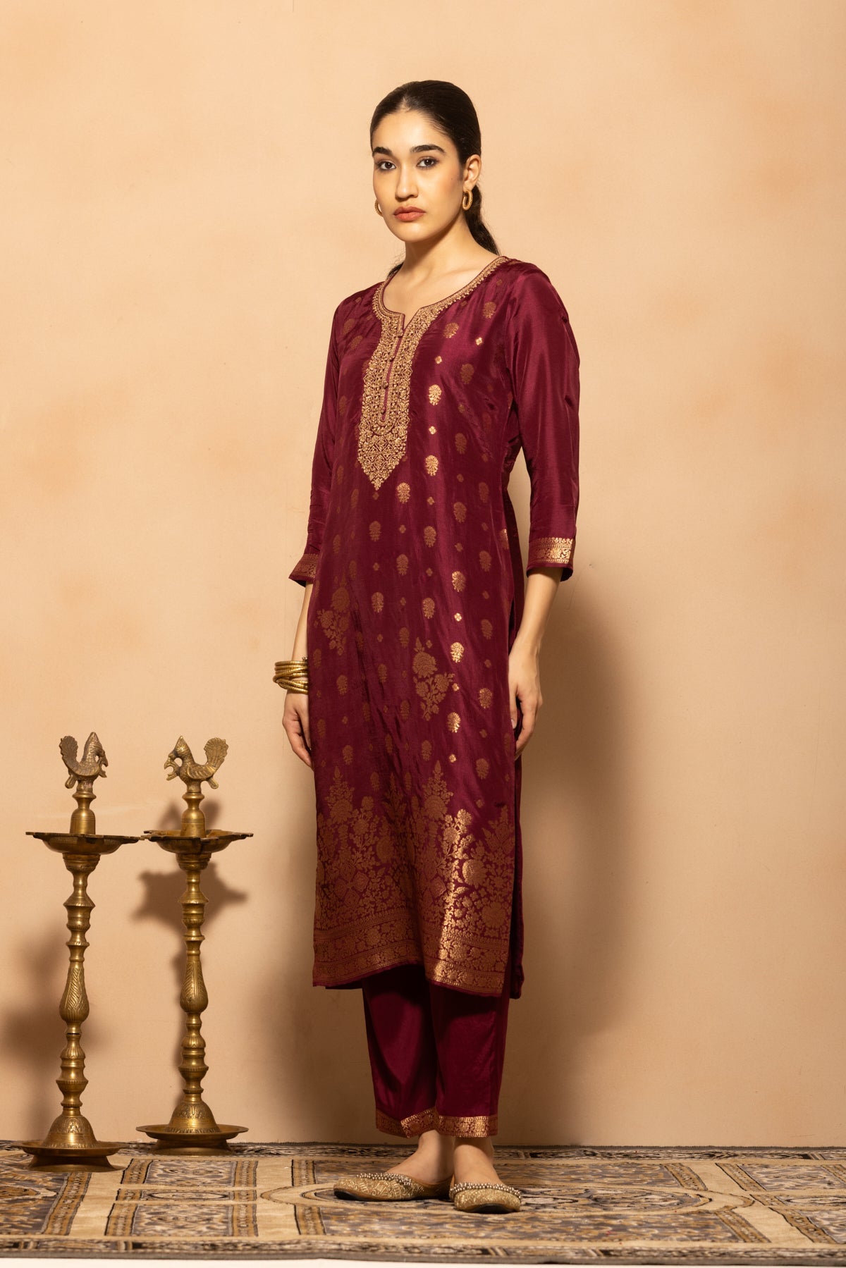 Wine Embellished Kurta 3 Pcs Set