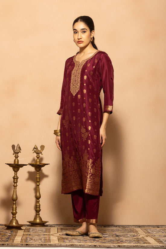 Wine Embellished Kurta 3 Pcs Set