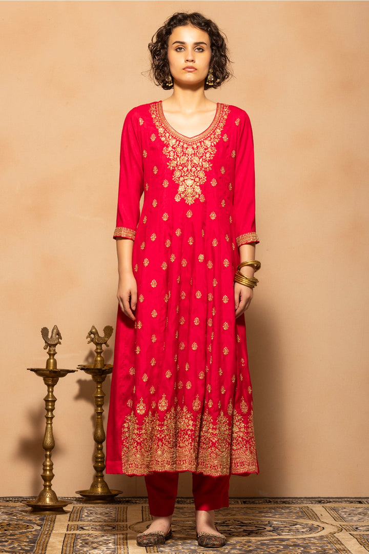 Pink Zari Embroidered Flared Kurta 3 Pcs Set