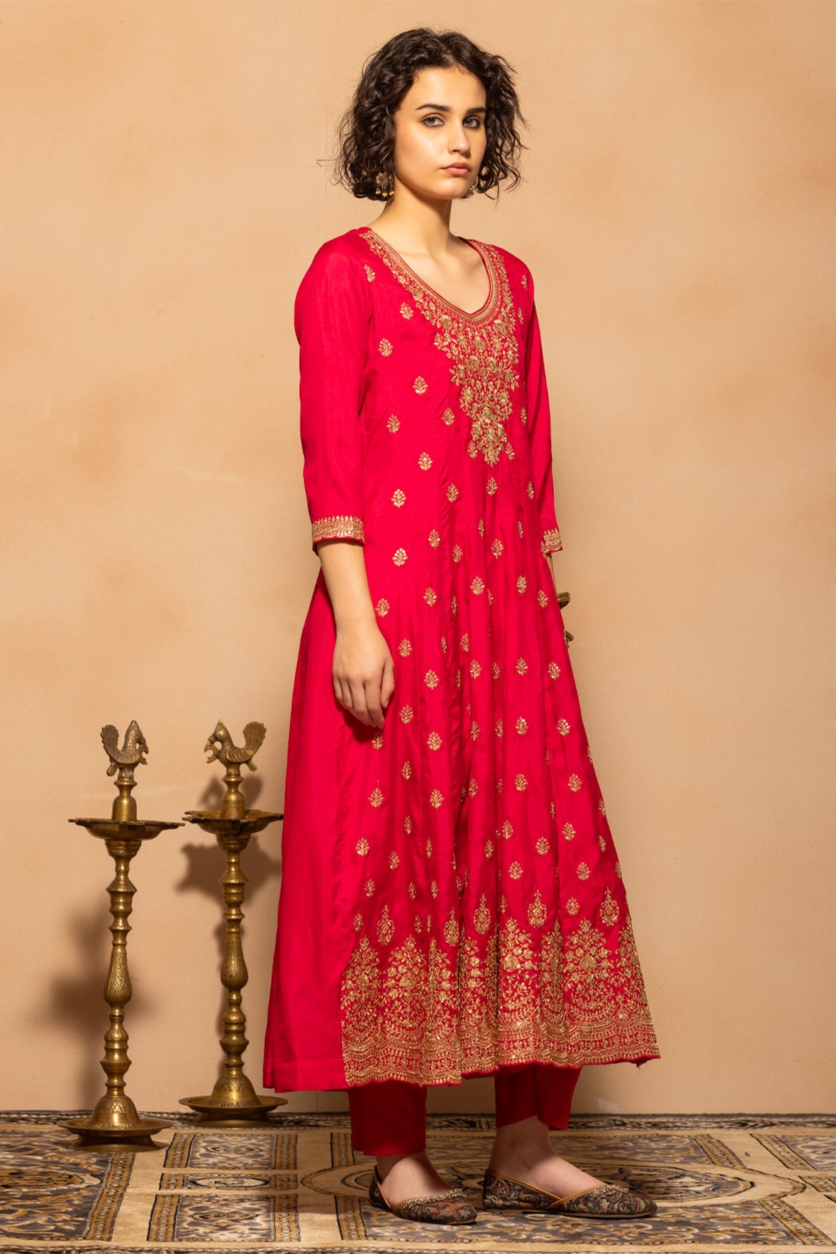 Pink Zari Embroidered Flared Kurta 3 Pcs Set