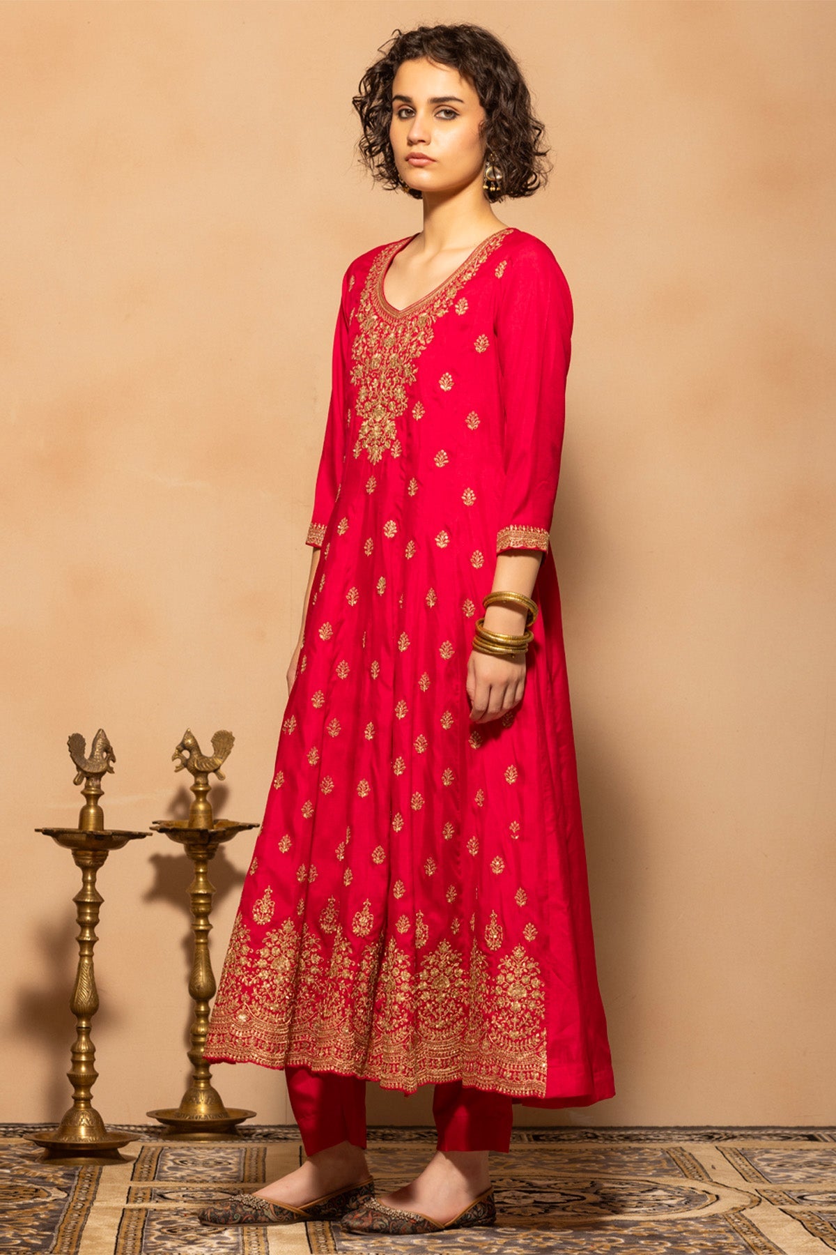 Pink Zari Embroidered Flared Kurta 3 Pcs Set