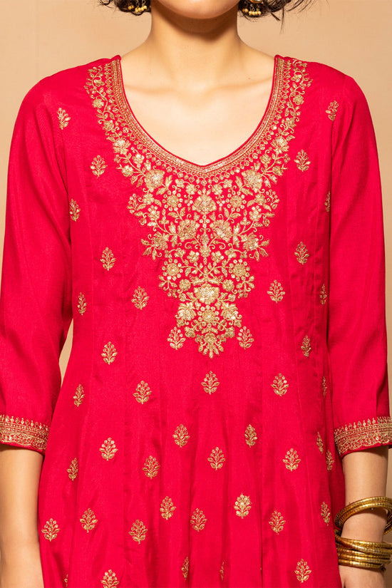 Pink Zari Embroidered Flared Kurta 3 Pcs Set