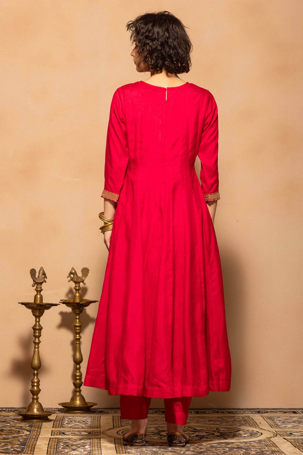 Pink Zari Embroidered Flared Kurta 3 Pcs Set