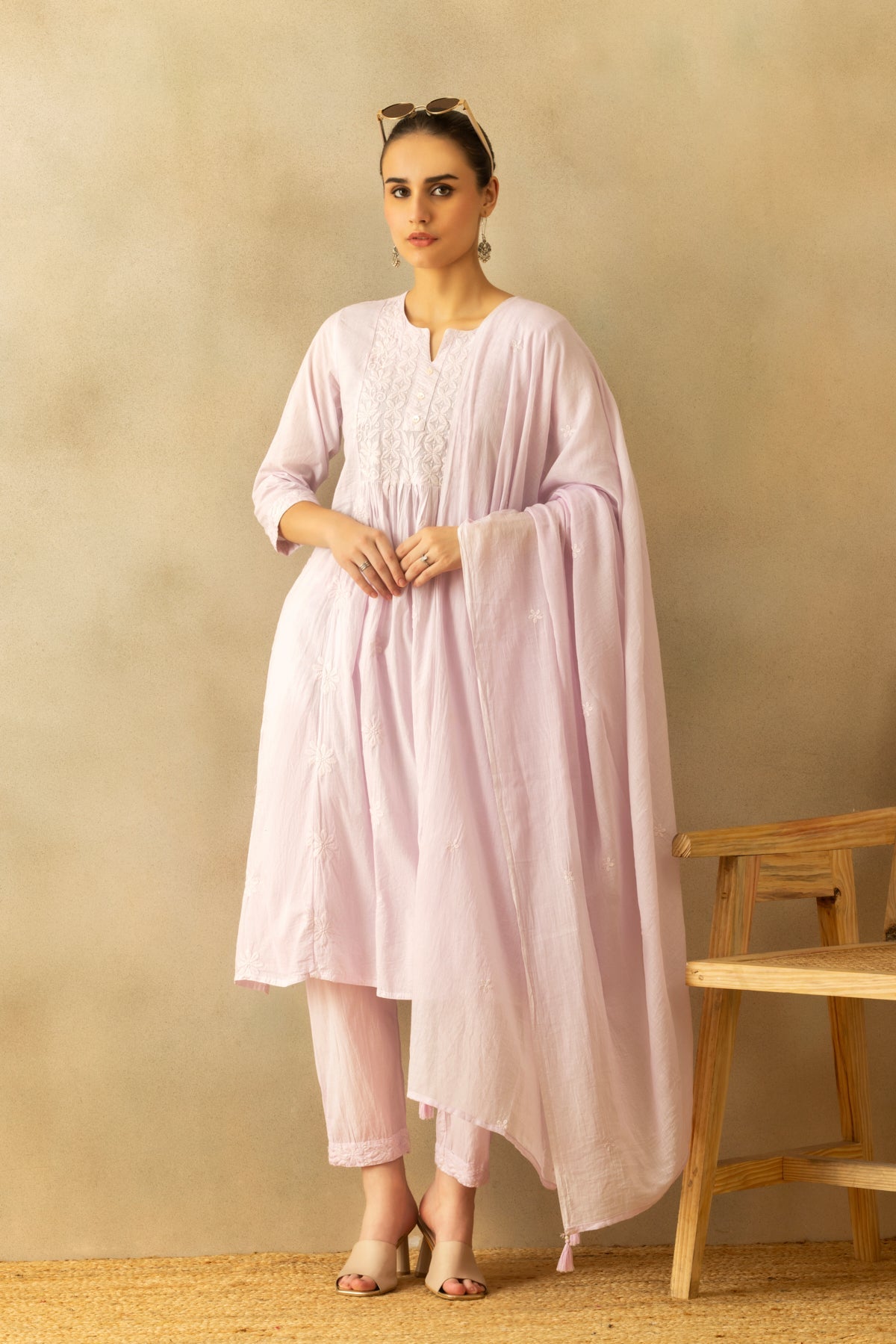 Mauve A-line Embroidered Kurta 3 Pcs Set