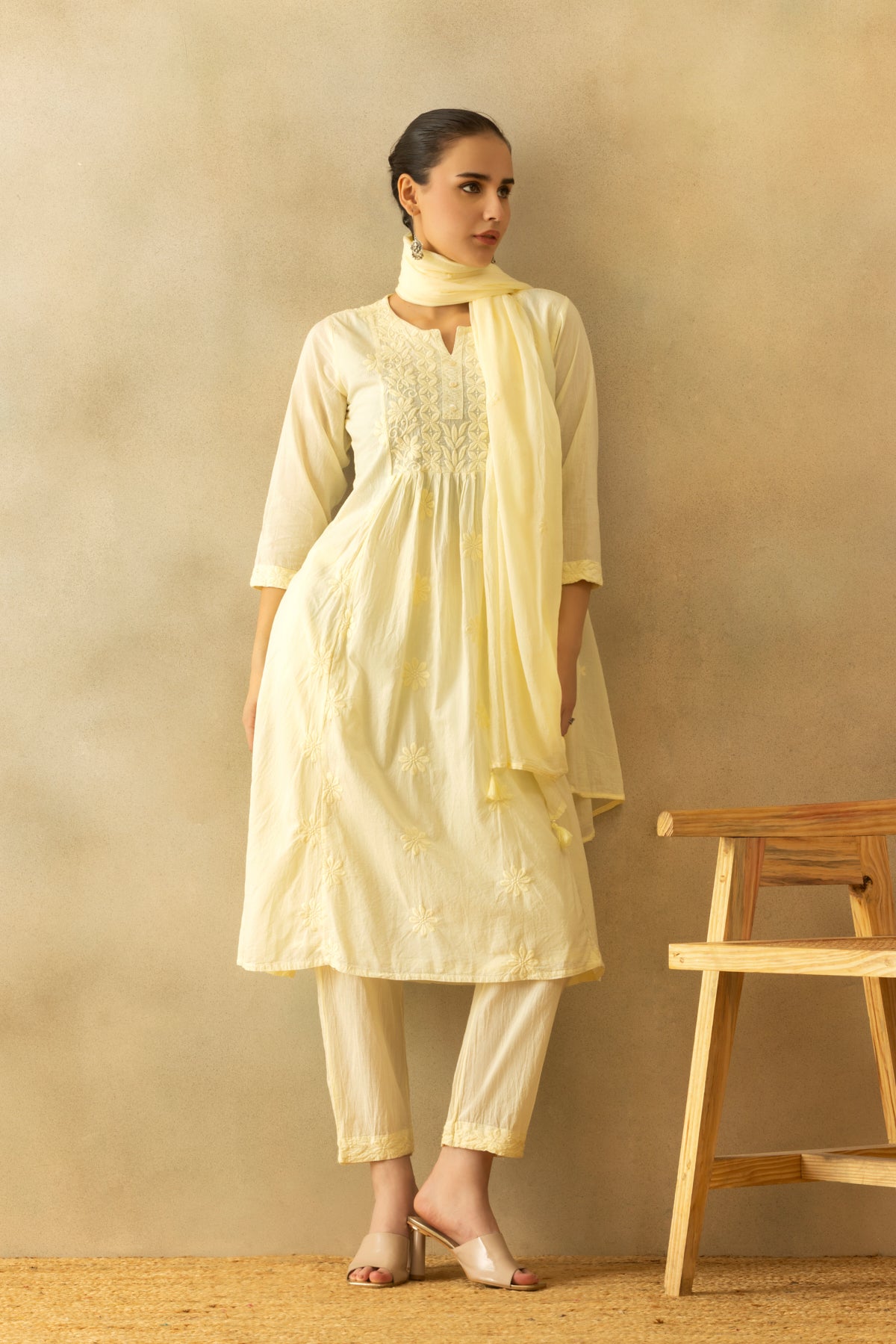 Cream A-line Embroidered Kurta 3 Pcs Set