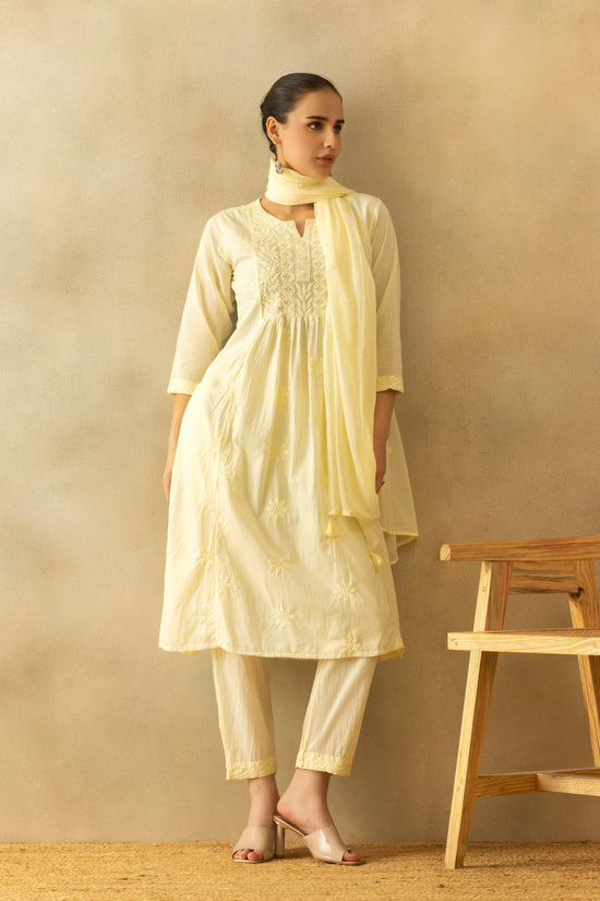 Cream A-line Embroidered Kurta 3 Pcs Set