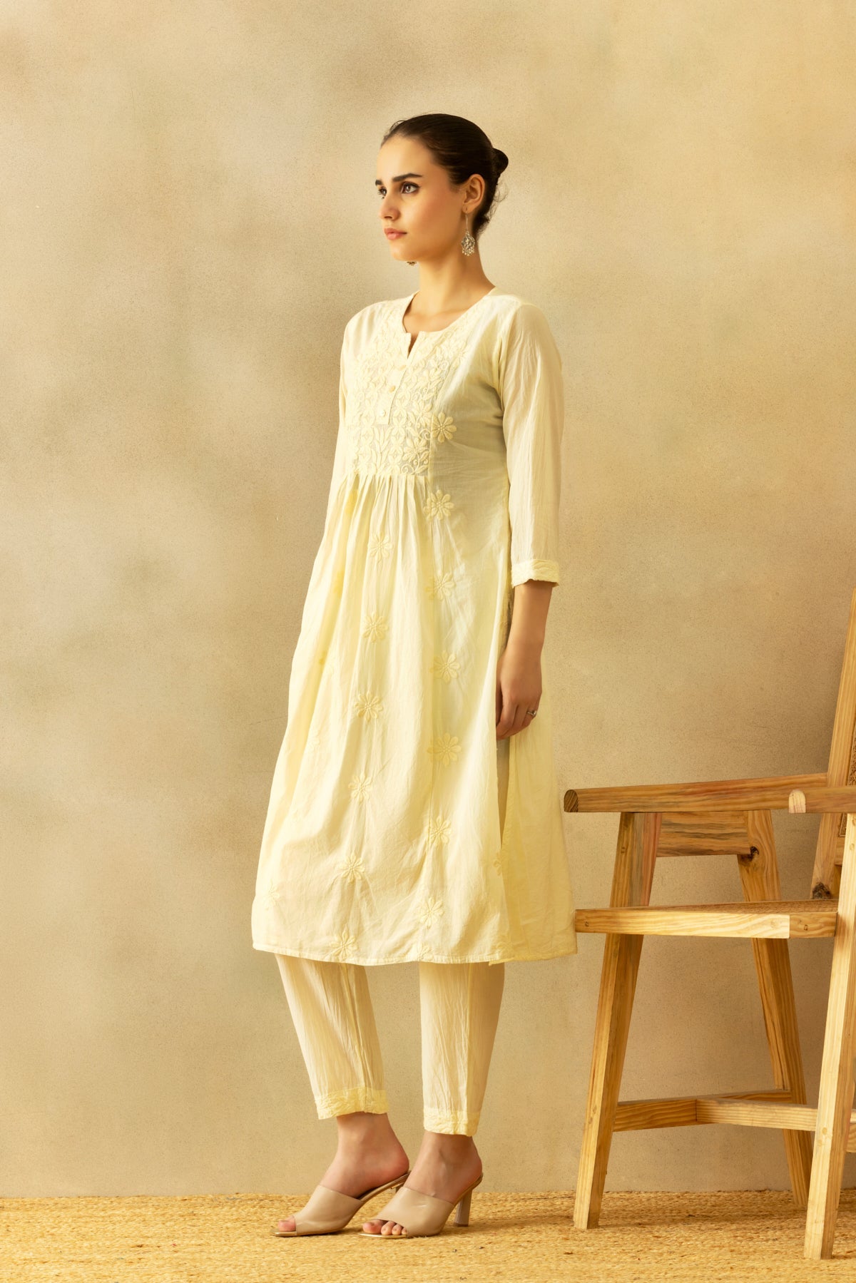 Cream A-line Embroidered Kurta 3 Pcs Set