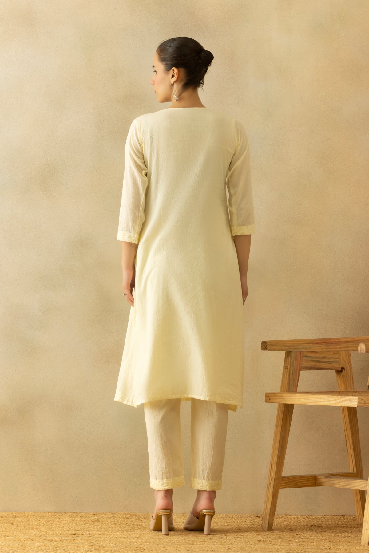 Cream A-line Embroidered Kurta 3 Pcs Set