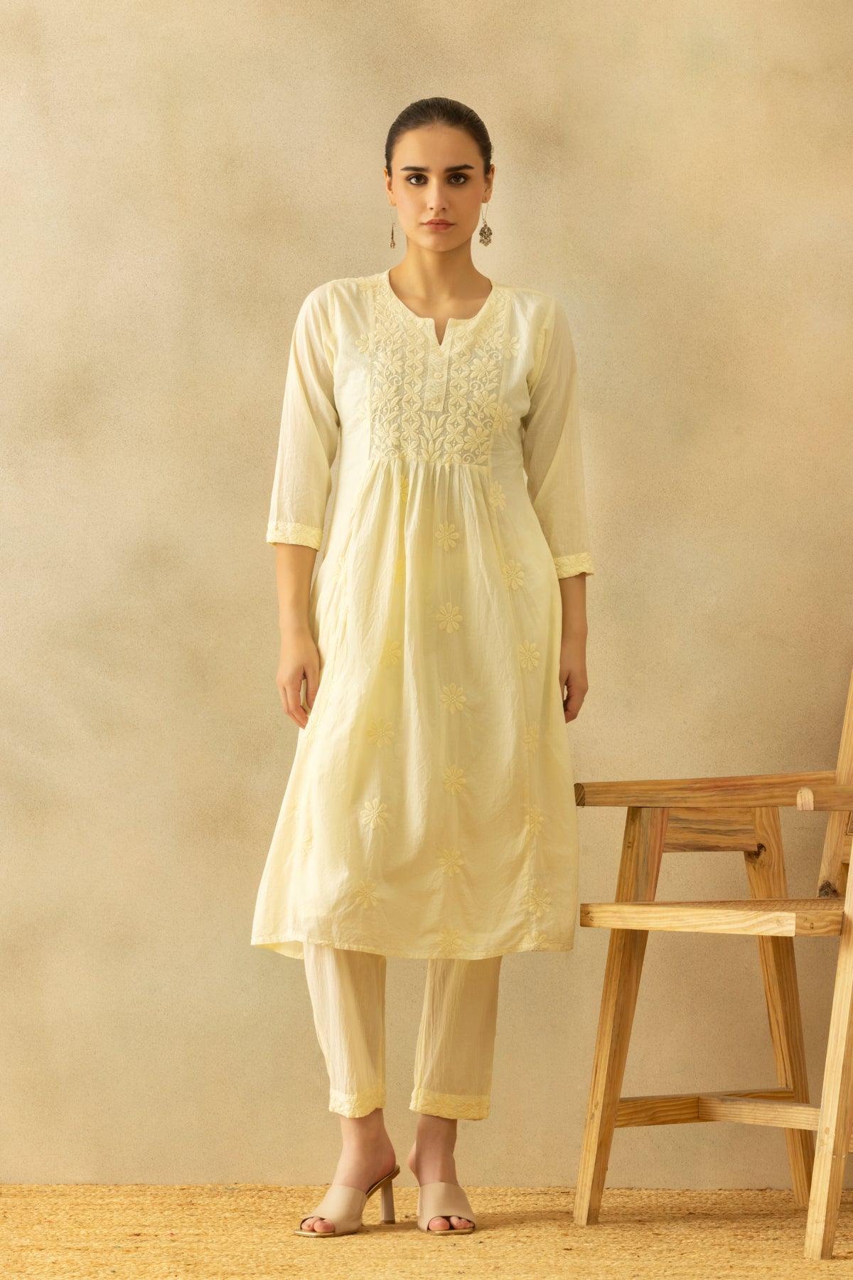 Cream A-line Embroidered Kurta 3 Pcs Set