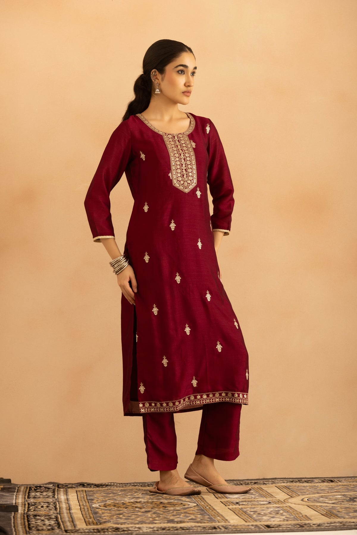 Purple Embroidered Kurta 3 Pcs Set