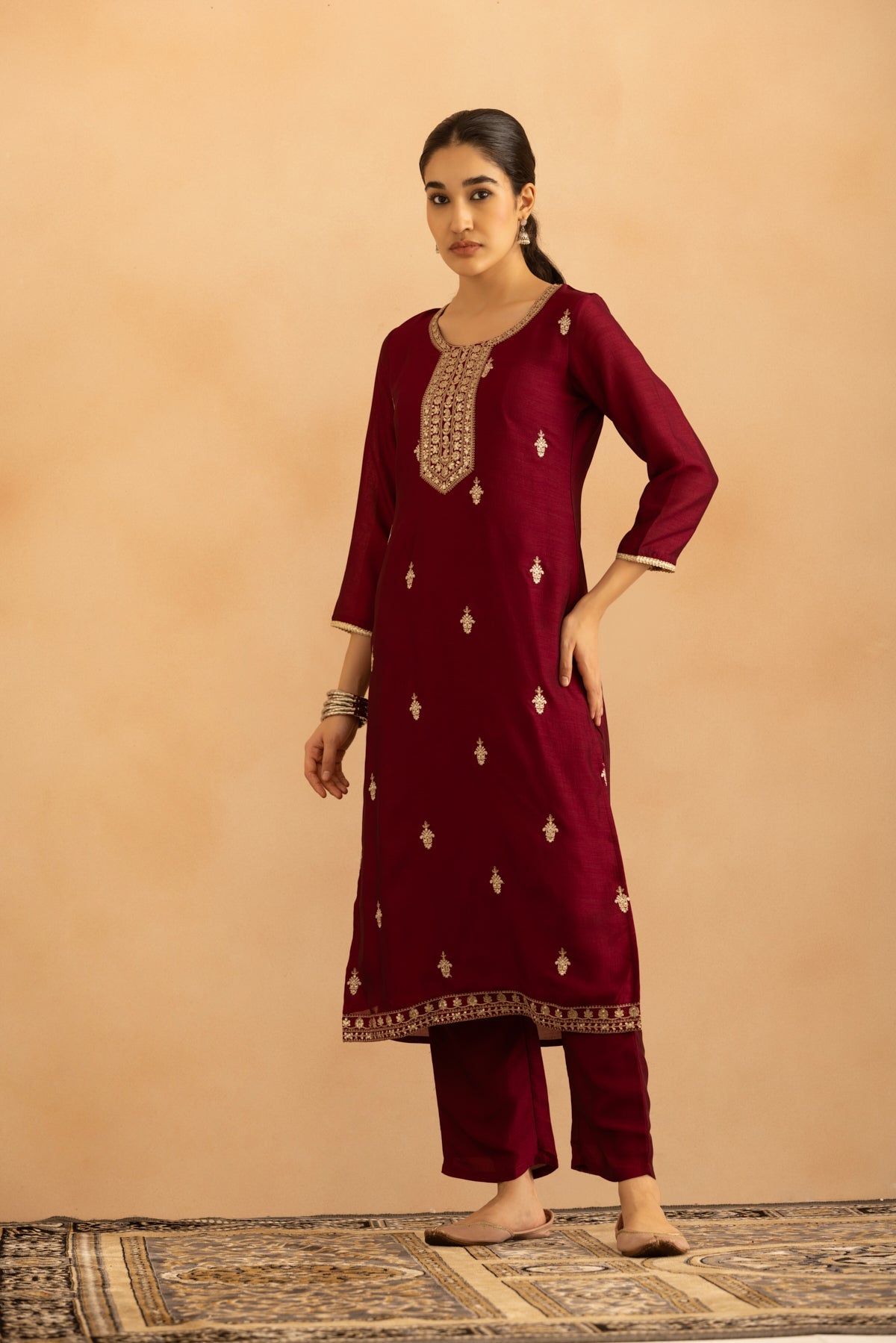 Purple Embroidered Kurta 3 Pcs Set