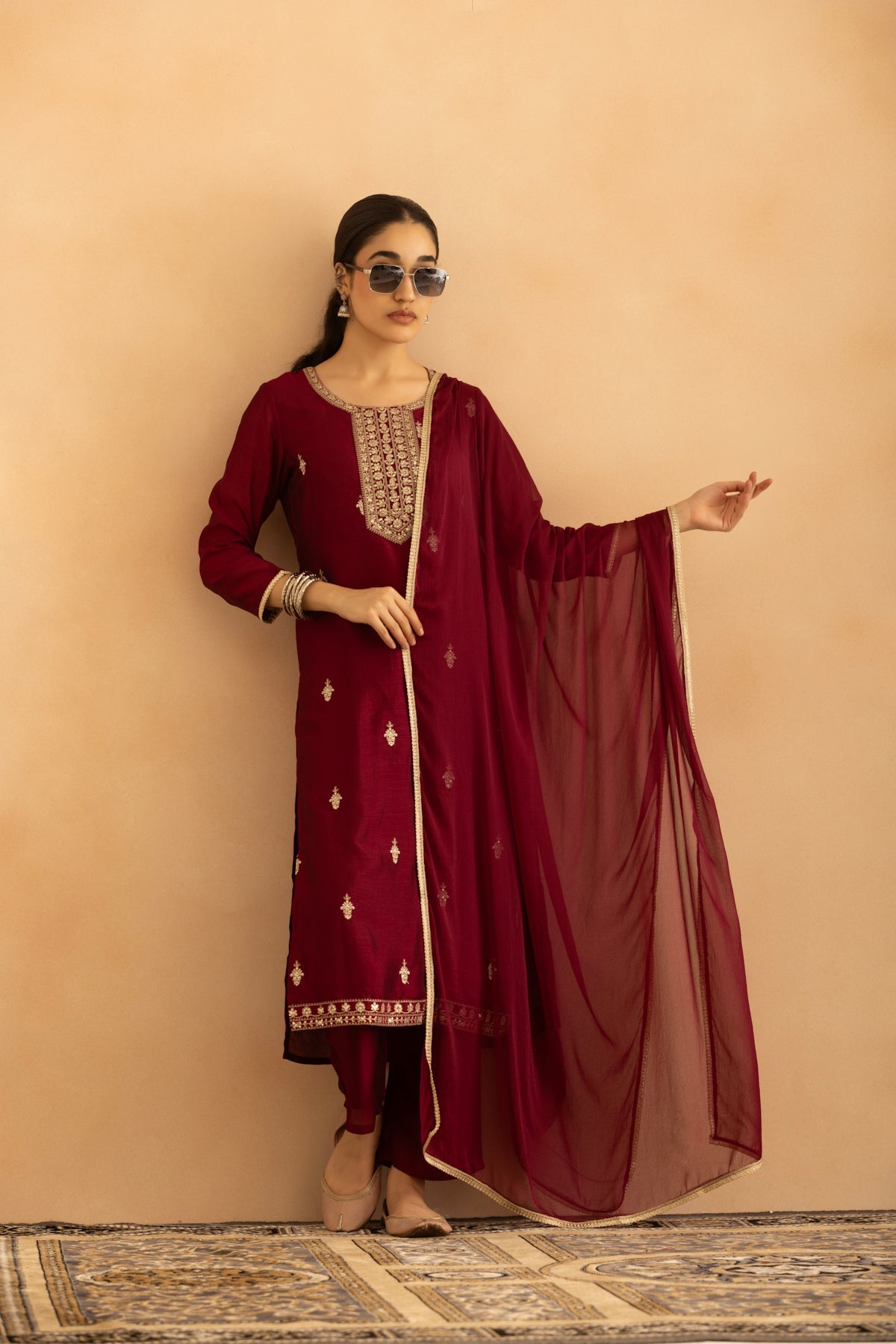Purple Embroidered Kurta 3 Pcs Set