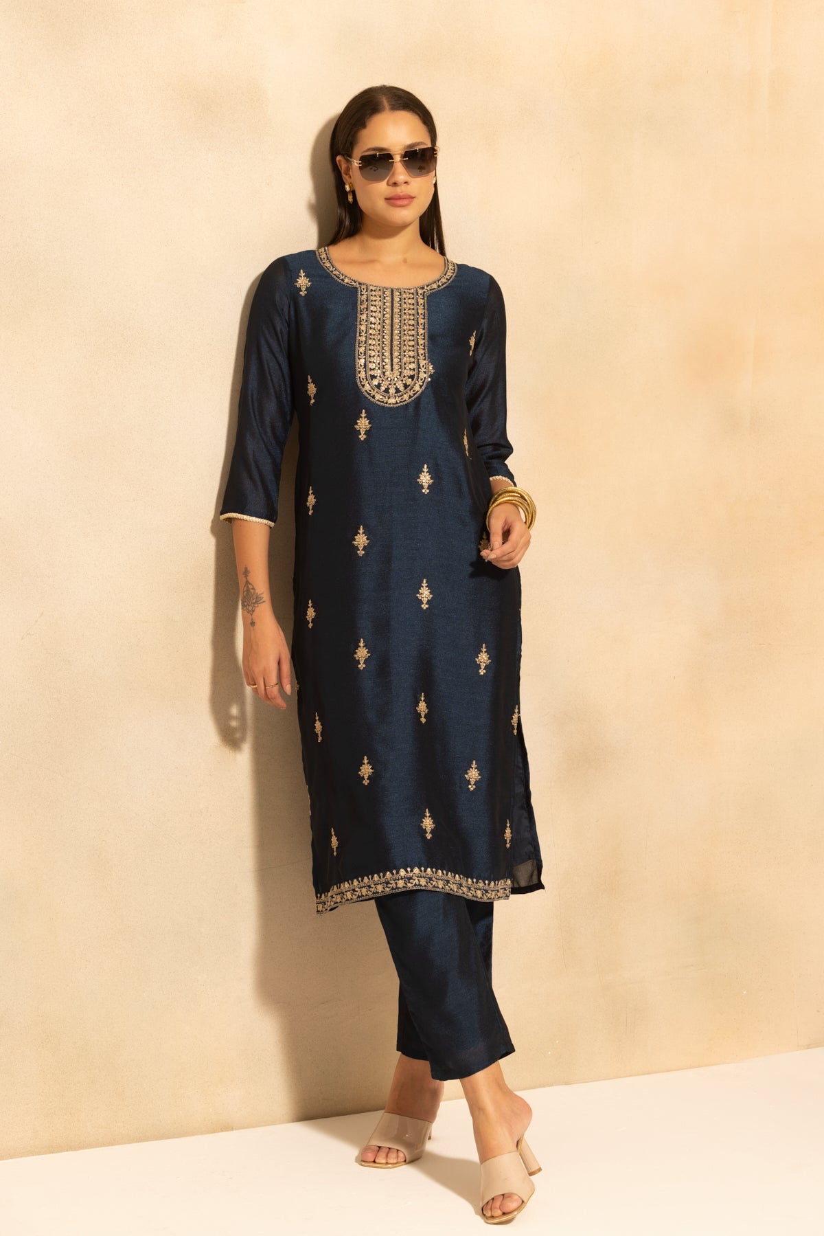 Navyblue Embroidered Kurta 3 Pcs Set