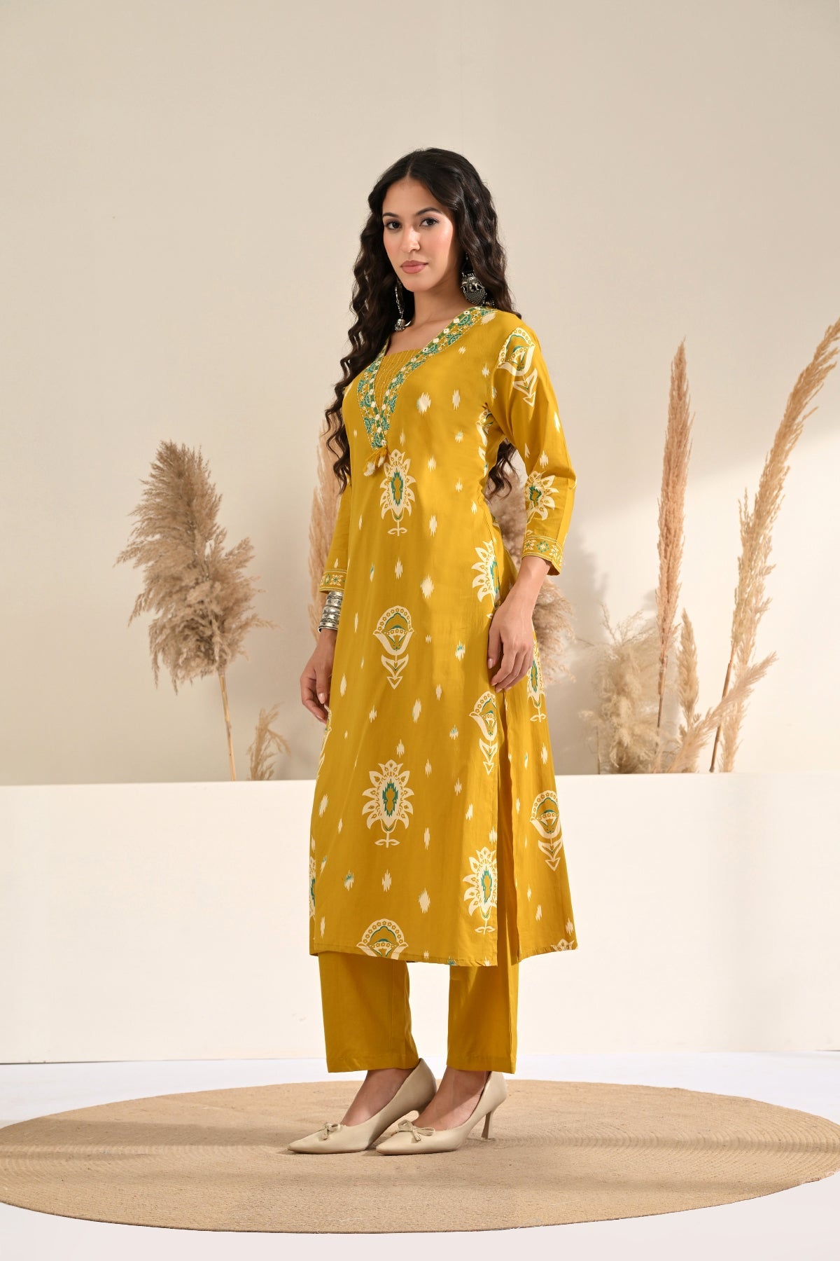 Mustard Printed Kurta 2 Pcs Set