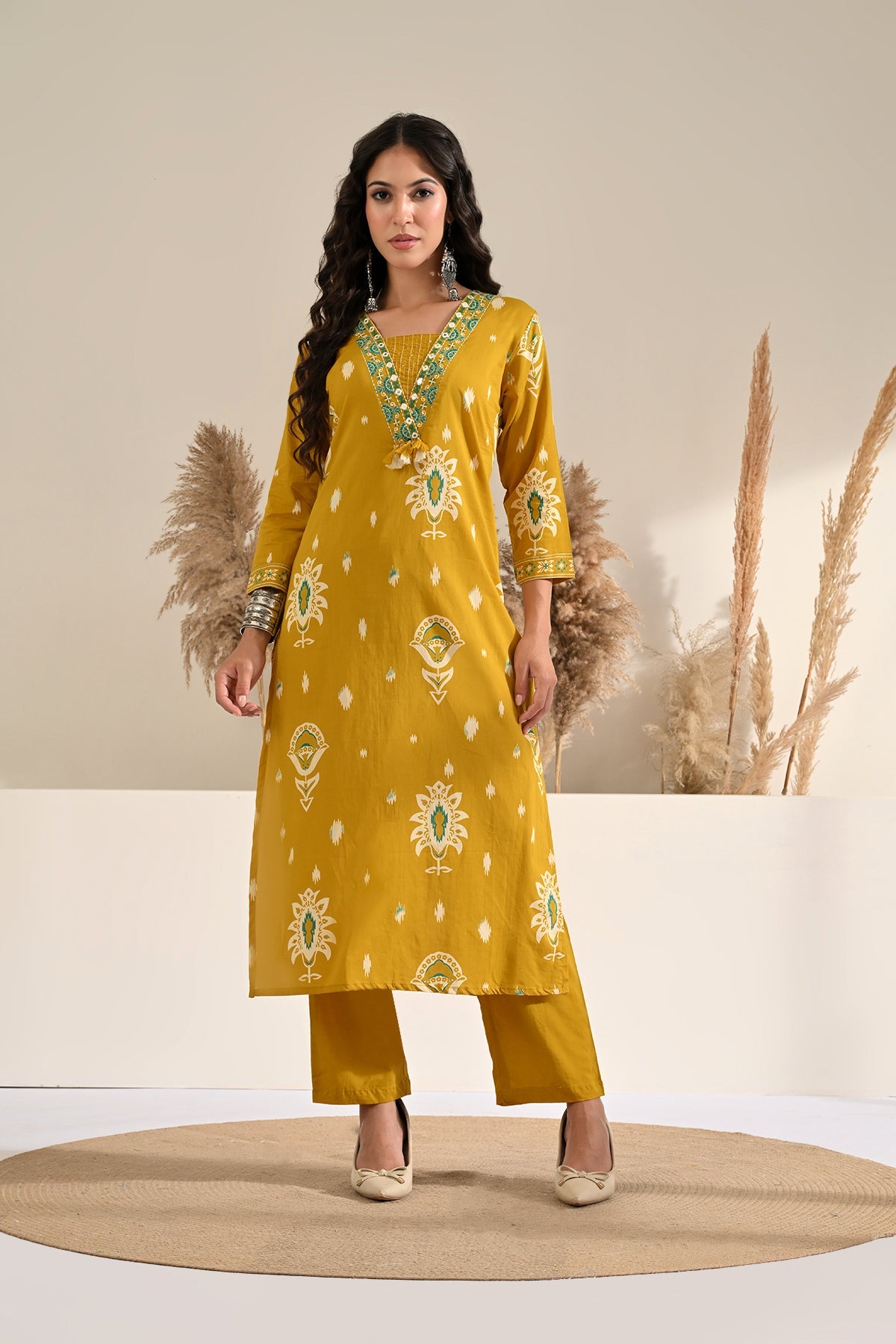 Mustard Printed Kurta 2 Pcs Set