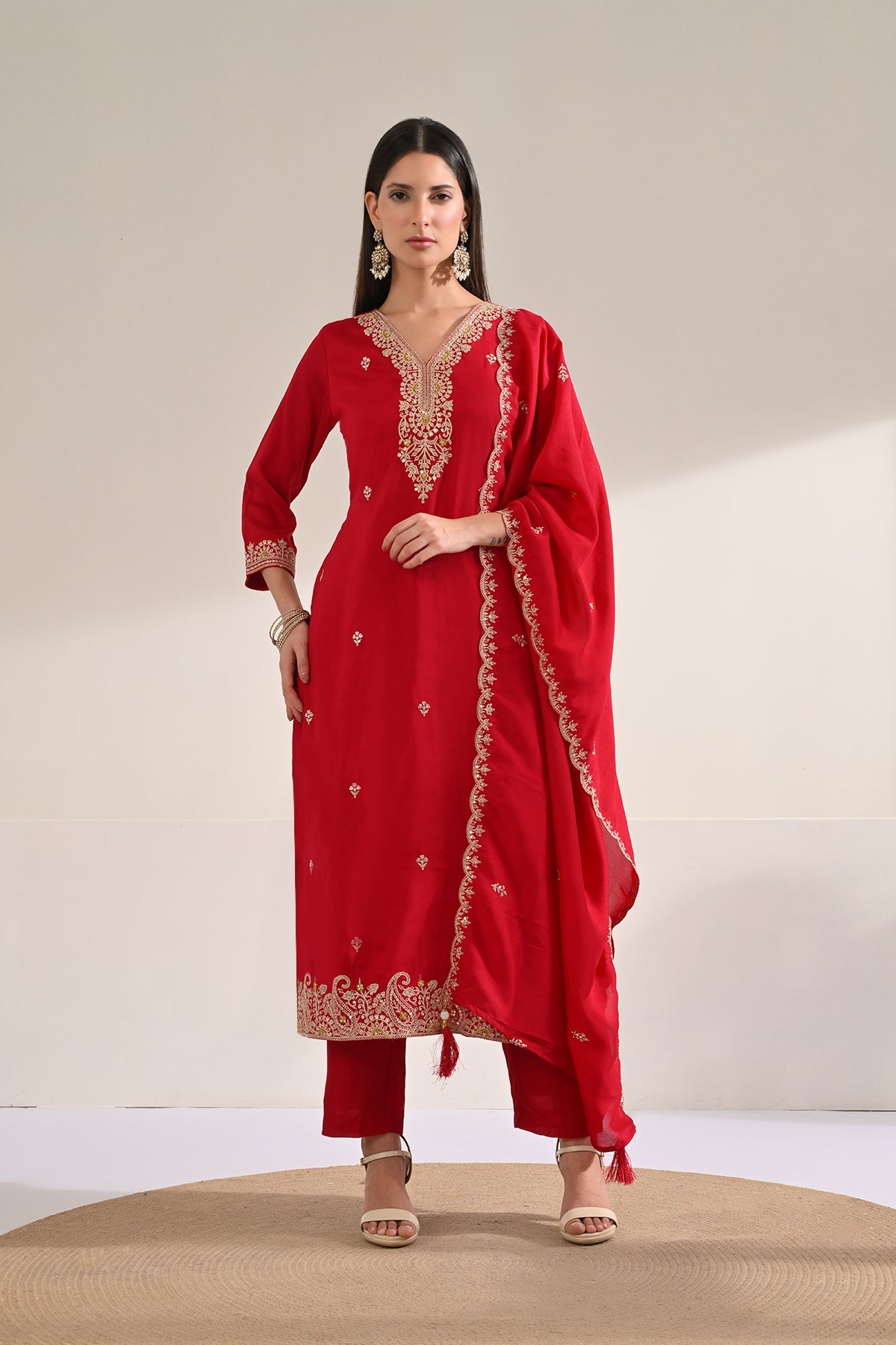 Hot Pink Embroidered Kurta 3 Pcs Set