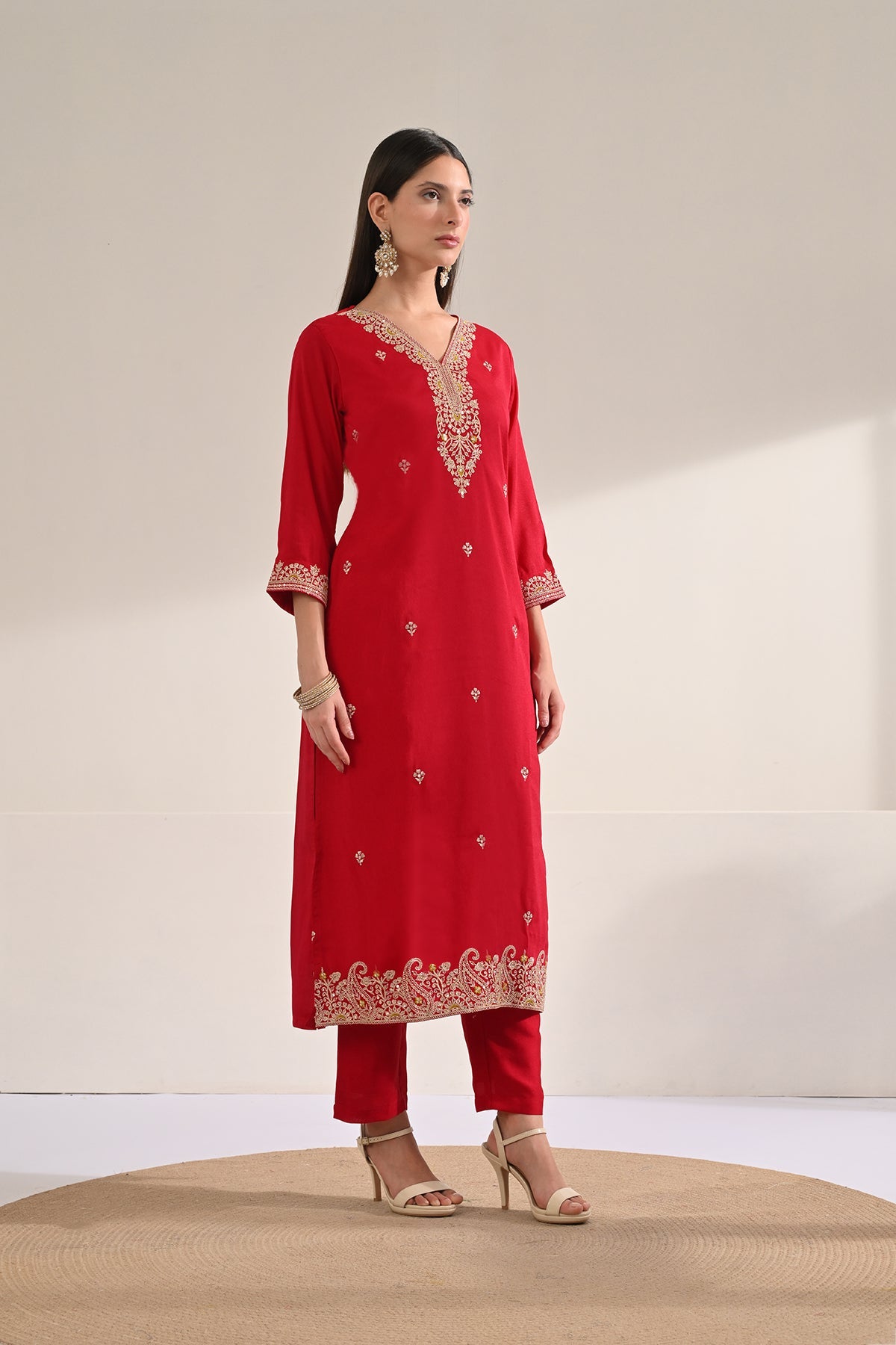 Hot Pink Embroidered Kurta 3 Pcs Set