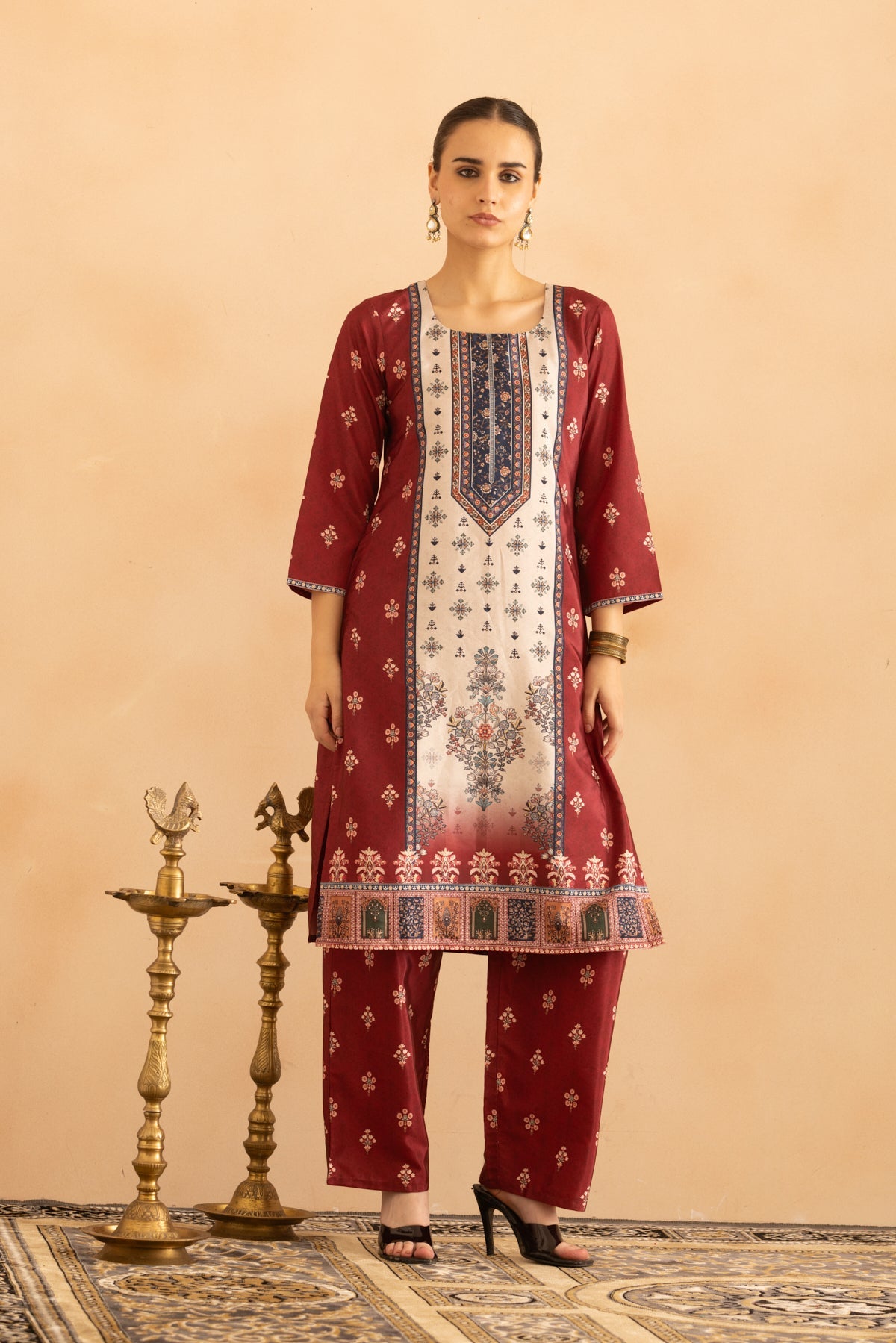 Maroon Floral Printed Kurta 3 Pcs Set