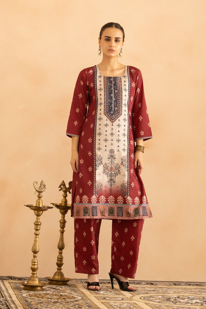 Maroon Floral Printed Kurta 3 Pcs Set