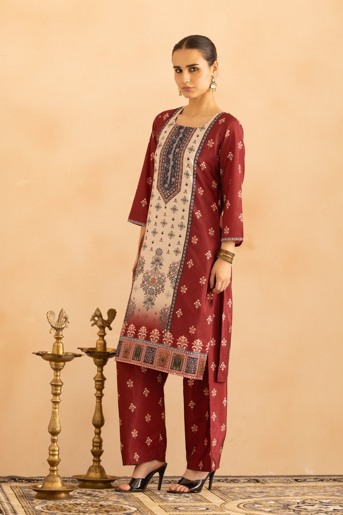 Maroon Floral Printed Kurta 3 Pcs Set