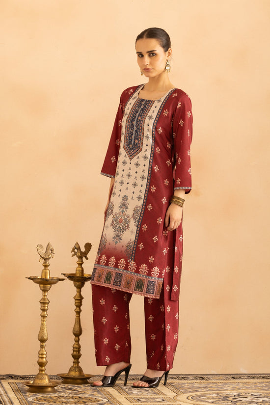Maroon Floral Printed Kurta 3 Pcs Set