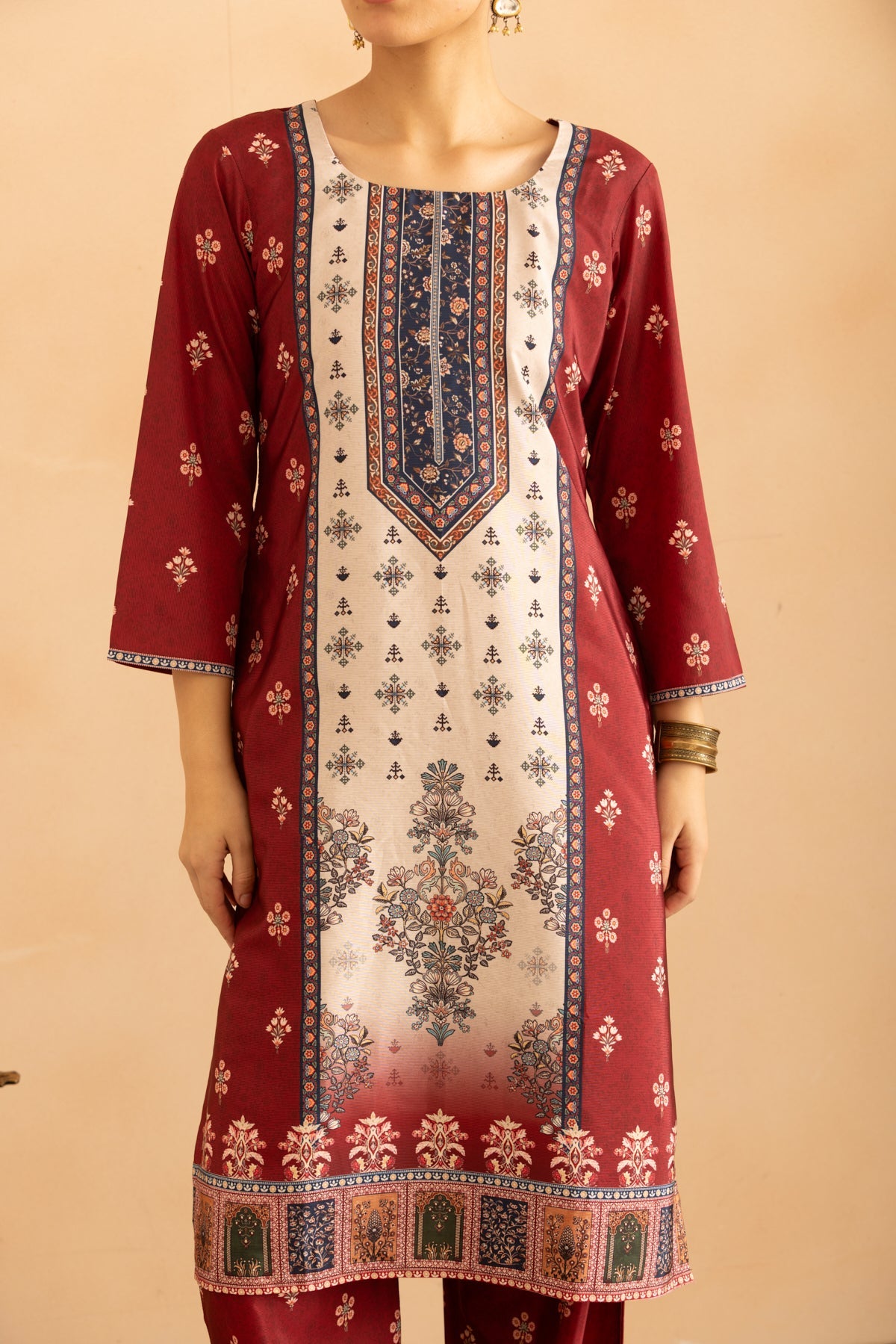 Maroon Floral Printed Kurta 3 Pcs Set