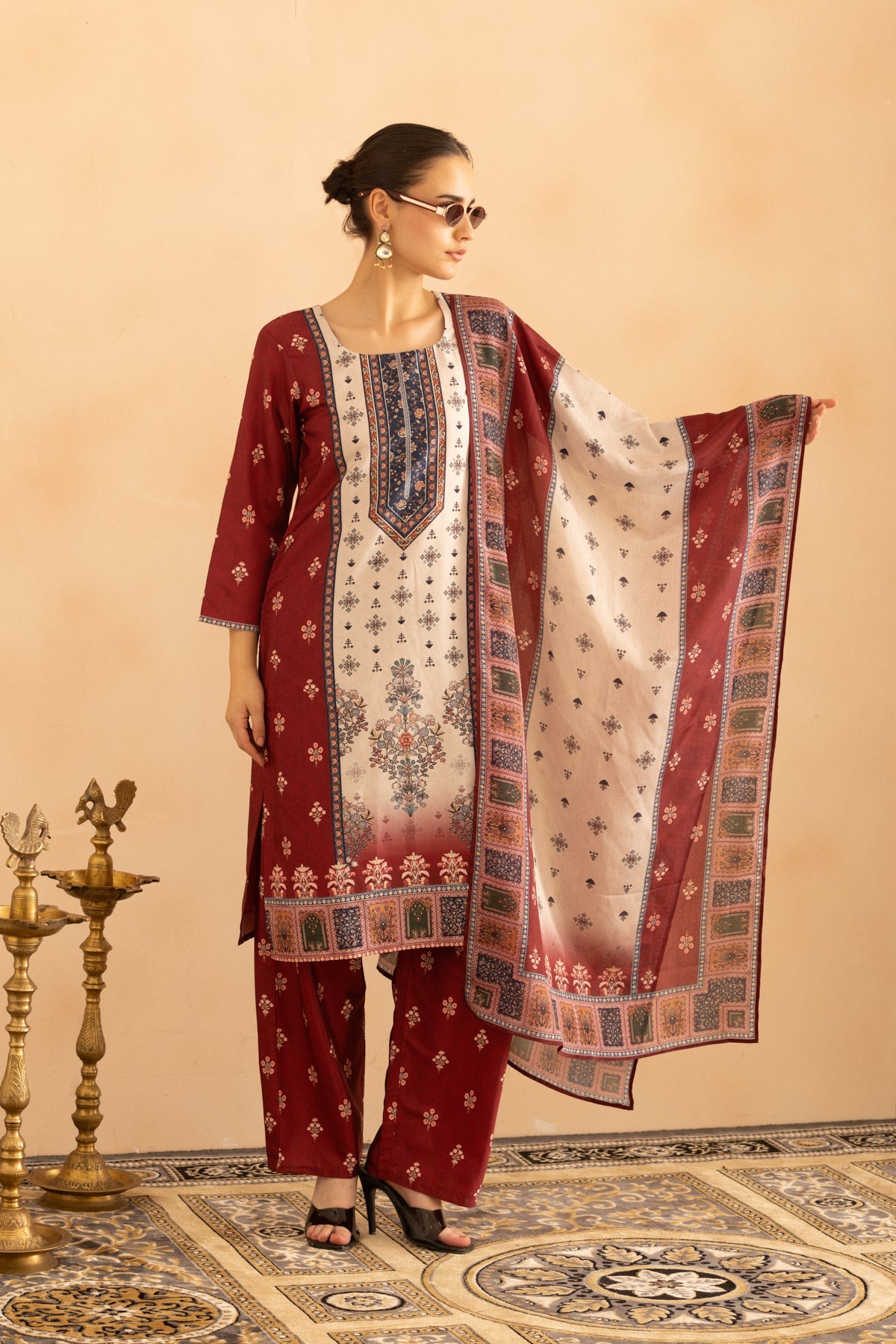 Maroon Floral Printed Kurta 3 Pcs Set