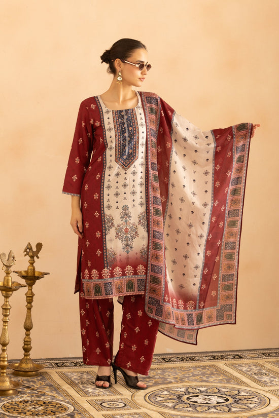 Maroon Floral Printed Kurta 3 Pcs Set