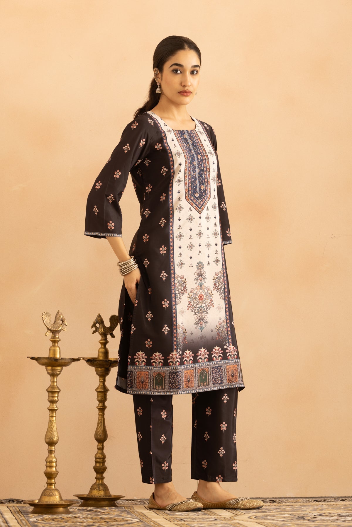 Black Floral Printed Kurta 3 Pcs Set