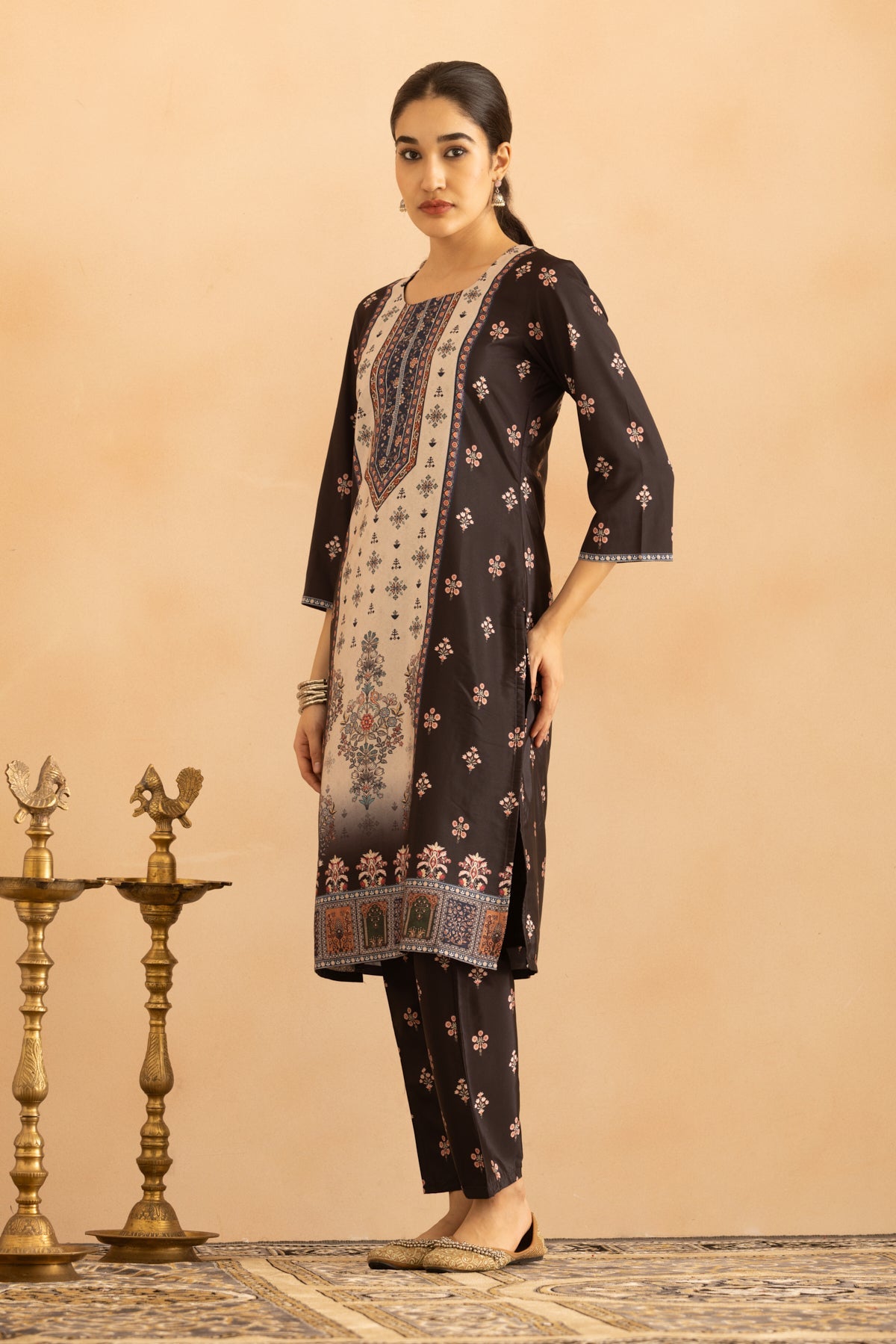 Black Floral Printed Kurta 3 Pcs Set
