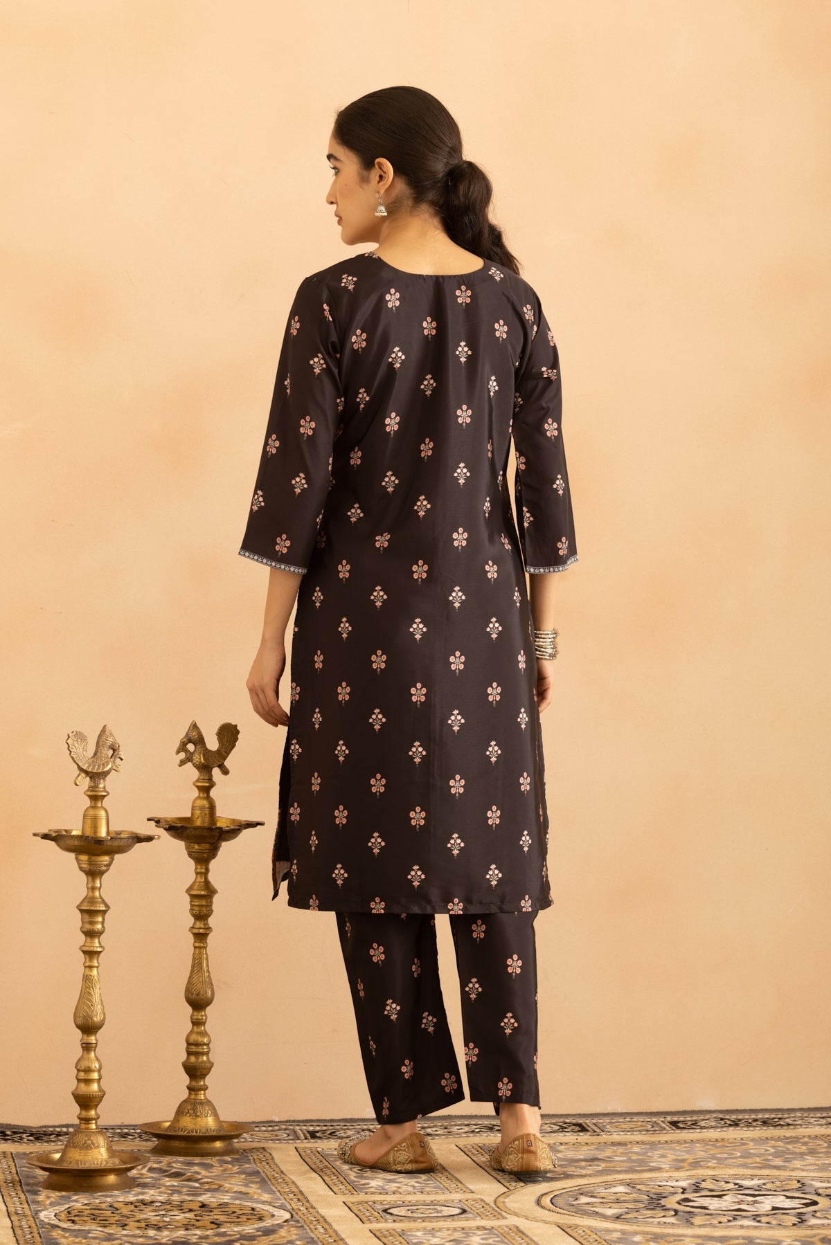 Black Floral Printed Kurta 3 Pcs Set