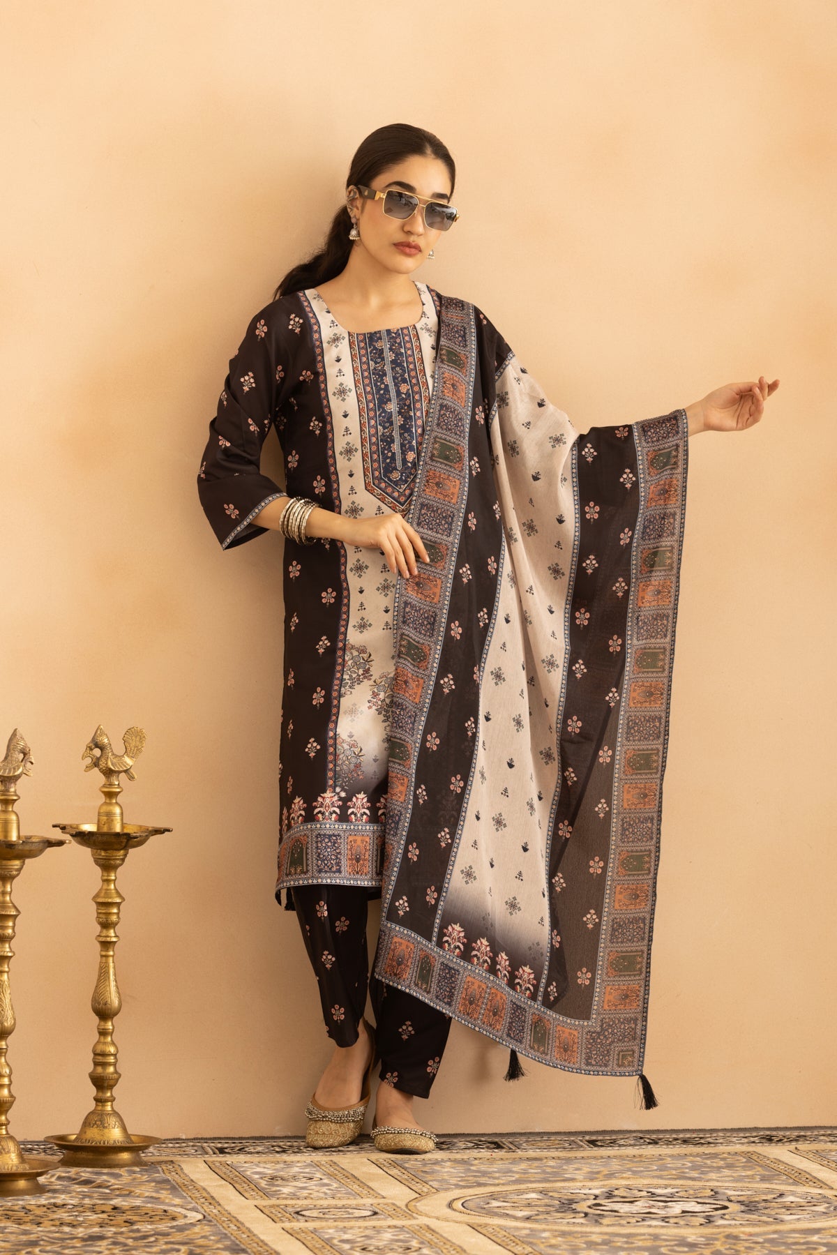 Black Floral Printed Kurta 3 Pcs Set